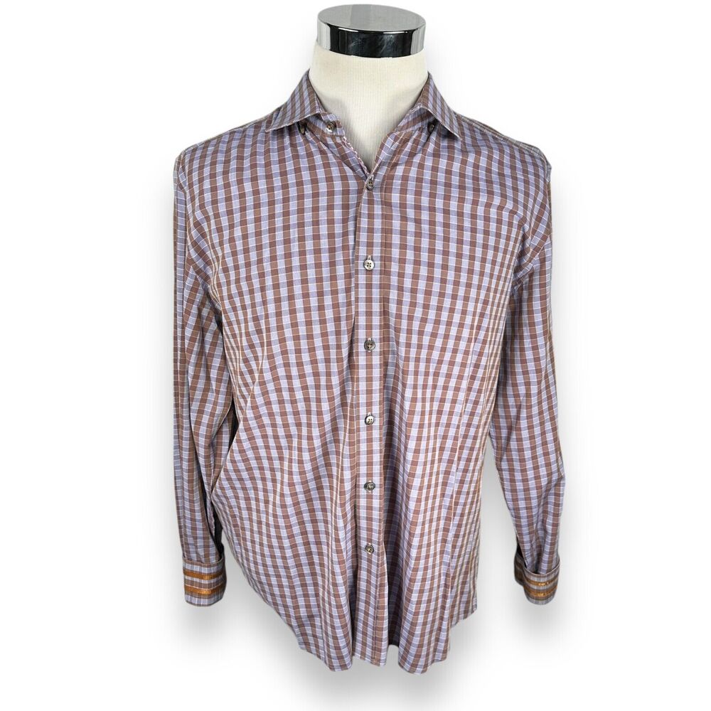 Robert Graham Shirt Men XL Purple Brown Check Cotton Flip Cuff Button Up Stretch